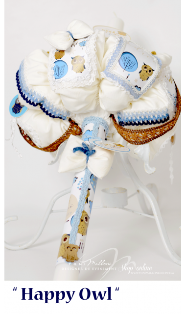 Lumanare de botez cu bufnite personalizata, 65x4 cm, Bufnita vesela 5